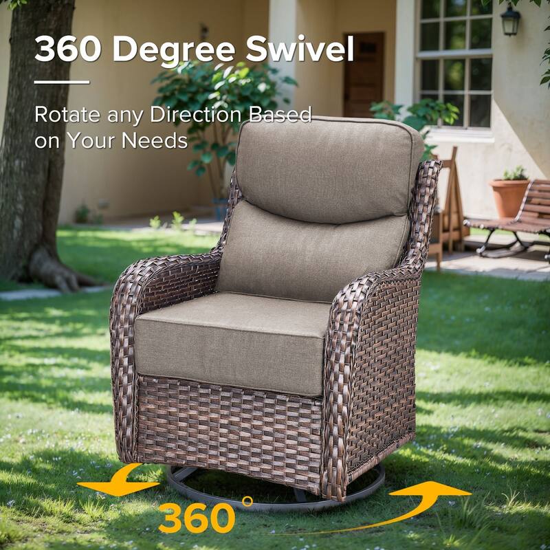 Gymojoy 7-Piece Wicker Patio Furniture Sofa Set with Fire Pit Table, 6-Inch Thick Cushion Swivel Glider Chairs & Ottomans