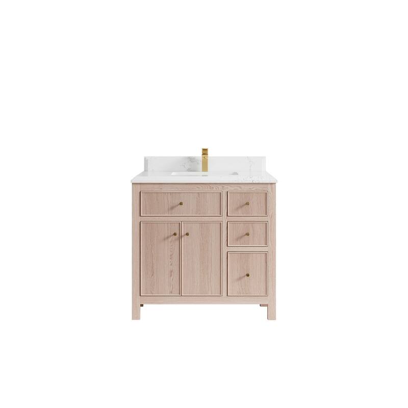 Willow Collections 36 x 22 Sonoma Oak Wood Center Sink Left Bathroom Vanity with Quartz or Marble Countertop - 1.5"Empira - White Oak