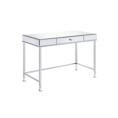 Mirrored Wood Writing Desk with Chrome Metal Base and Drawer