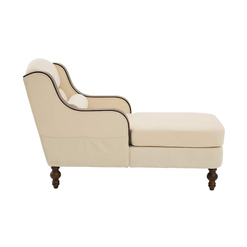Ergonomic Chaise Lounge Indoor Chenille Single Lazy Sleeper Sofa Bed with Side Pockets, Solid Wood Armrests and Foots