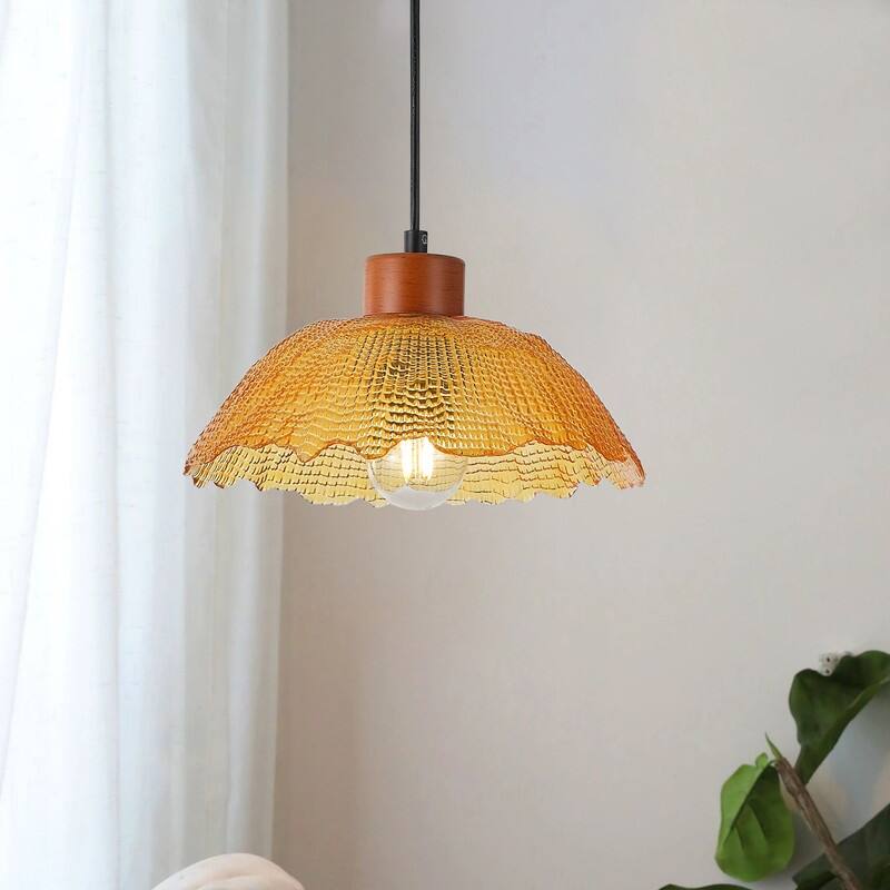 Modern 1 Light Amber Glass Pendant Light Electroplated Brass Ceiling Fixture