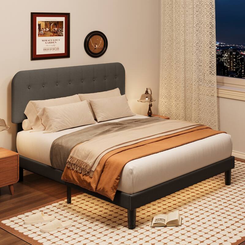 Full / Queen / King Bed Frame with Headboard, Upholstered Platform Bed with Sturdy Wooden Slats
