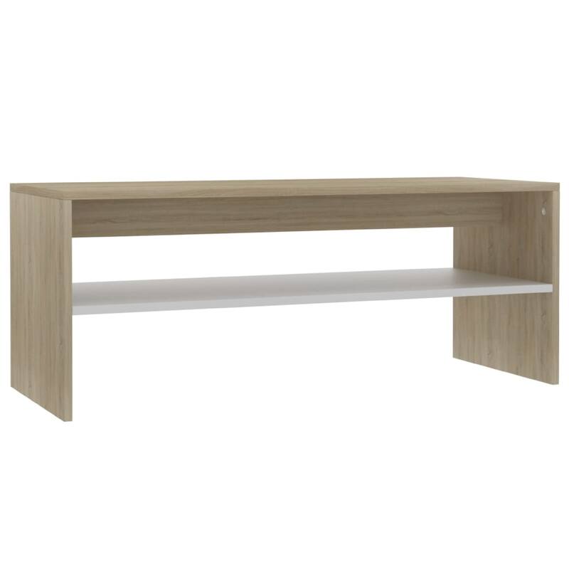 39 Inch Coffee Table w Shelf, Rectangular, Oak Beige and White Wood