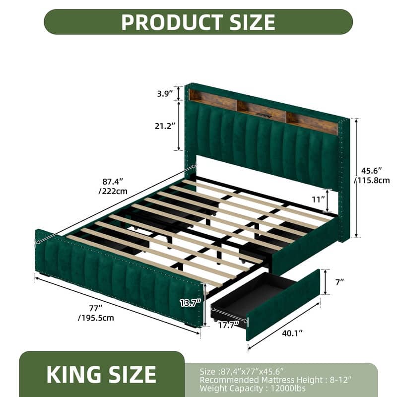 Full / Queen / King Size Platform Bed Frame with Upholstered Storage Headboard and 4 Drawers - Green - King