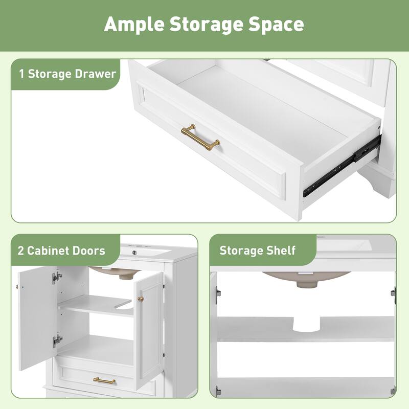 30" Bathroom Vanity with Ceramic Sink, Solid Wood Frame, 2 Soft-Close Doors, Storage Cabinet with Shelf