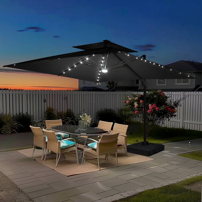 11FT Outdoor Patio Cantilever Umbrella with LED Lights Double Vented Umbrella with Base