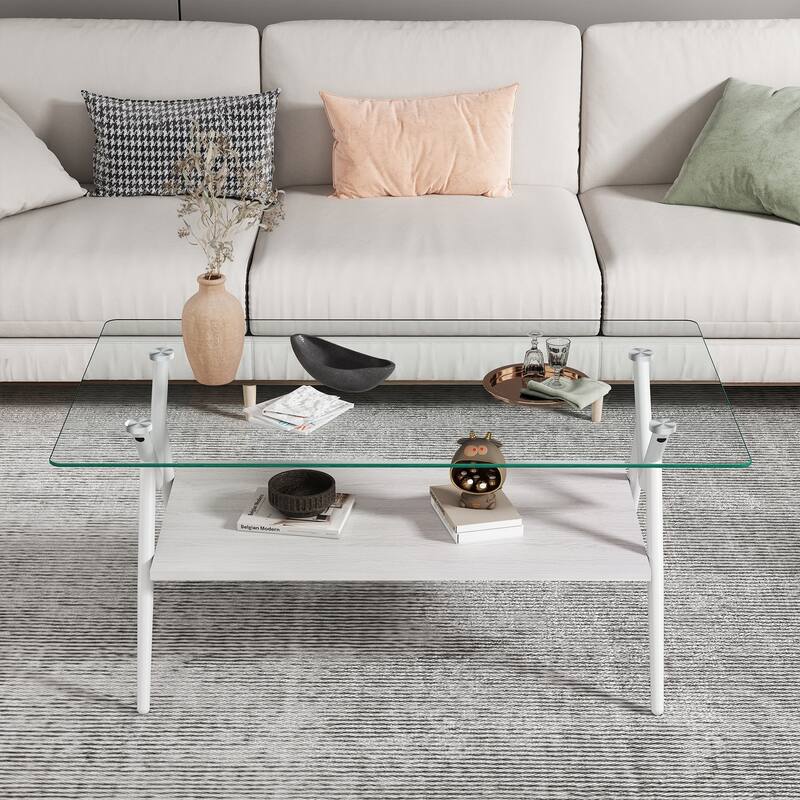 Rectangle Coffee Table with Tempered Glass Top and Shelf - White