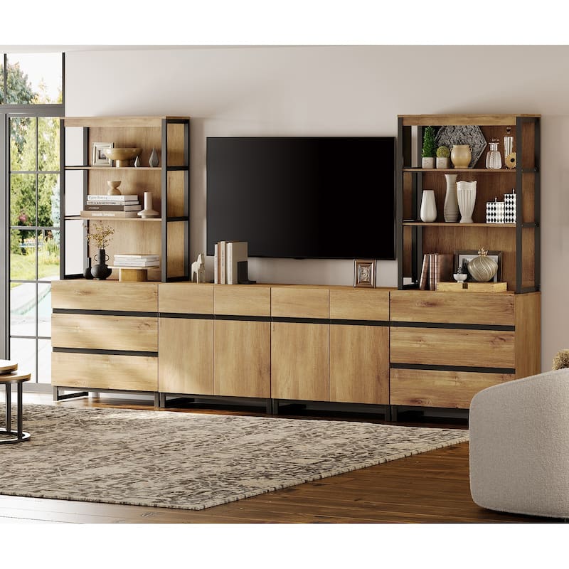 WAMPAT Modern Entertainment Center with 3 Tiers Bookshelf, Farmhouse TV Stand with 2 Storage Cabinets and 6 Drawers
