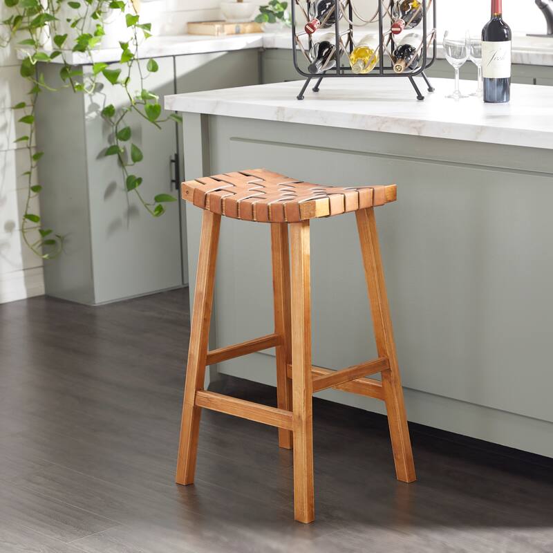 Brown Wood Handmade Woven Seat Bar Stool - Brown