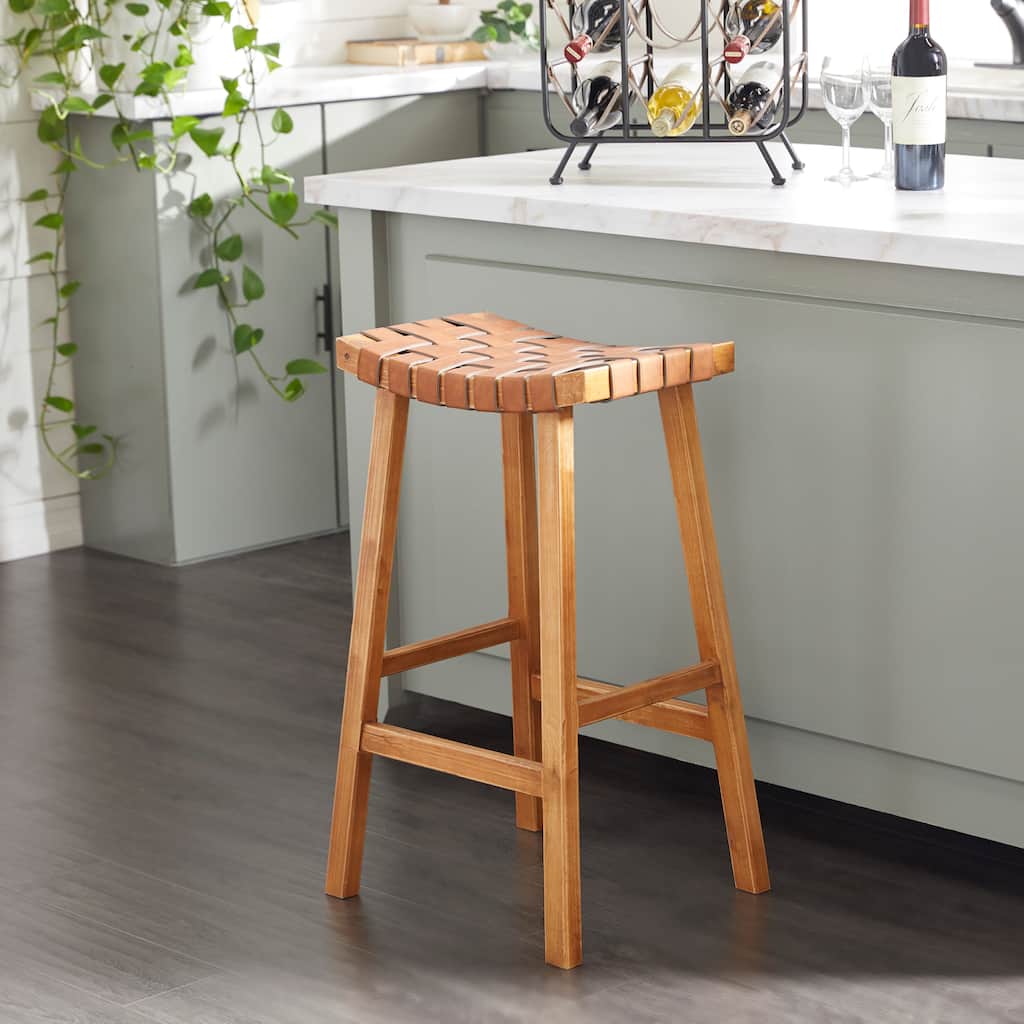 Brown Wood Handmade Woven Seat Bar Stool