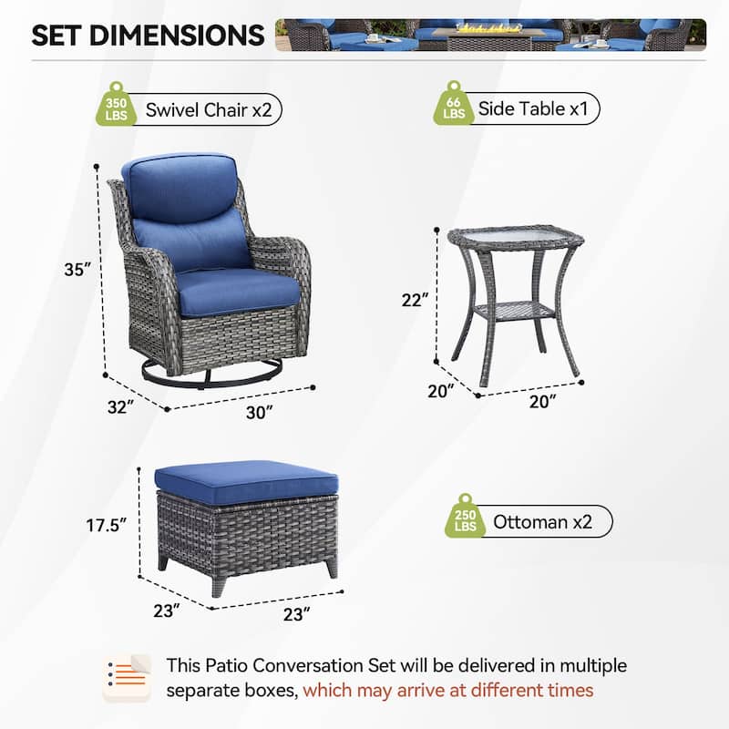 5 Pieces Outdoor Gliders Chairs Table Ottomans with 5-Inch Thick Cushions