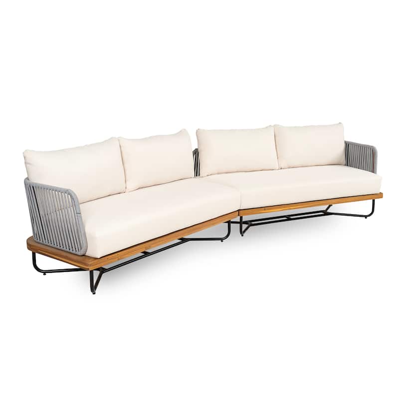 Christopher Knight Home - Evelyn Parker Elegant Lucca Outdoor Acacia Wood Sofa Set - 2pc sofa set - Teak Finish+Beige Cushion+light grey rope