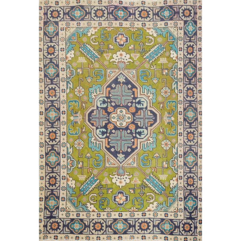 Hand Knotted Oriental 100% Wool Carpet Traditional Medallion Green Tabriz Area Rug - 5' 10'' X 4' 4''