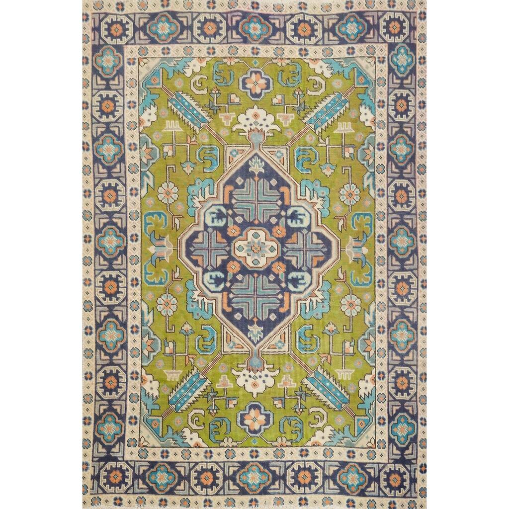 Hand Knotted Oriental 100% Wool Carpet Traditional Medallion Green Tabriz Area Rug - 5' 10'' X 4' 4''