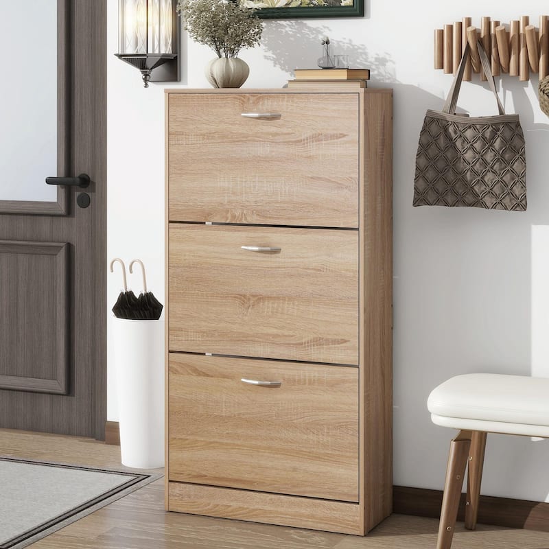3-Drawer Shoe Storage Cabinet with 3-Tier Wood Shoe Rack - Natural - 3-drawer