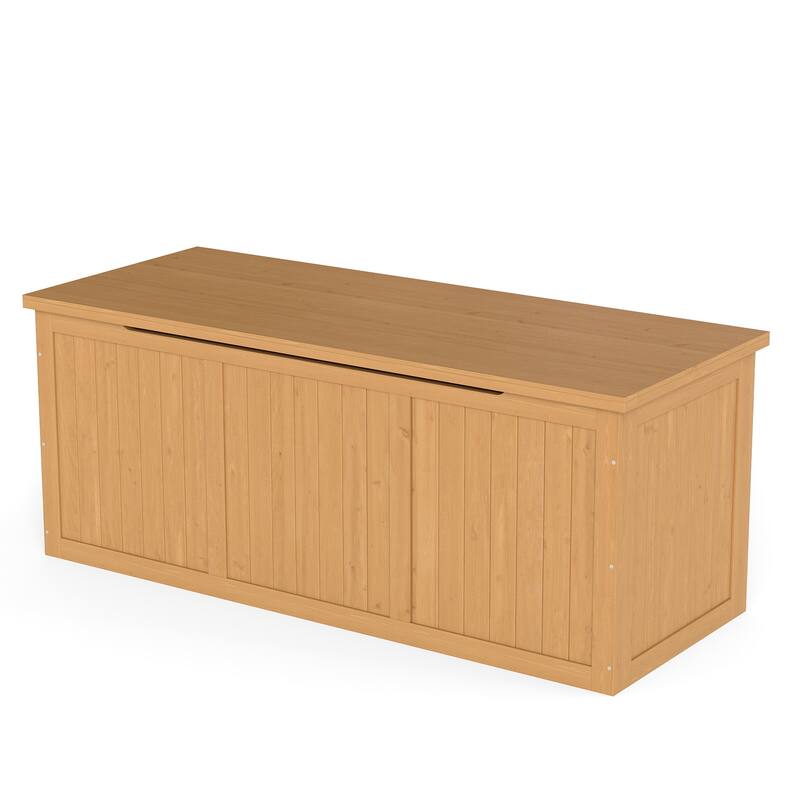 112 Gallon Wooden Deck Box Solid Wood Storage Box Seat & Table Top for Patio Furniture Cushions, Pool Toys & Garden Tools