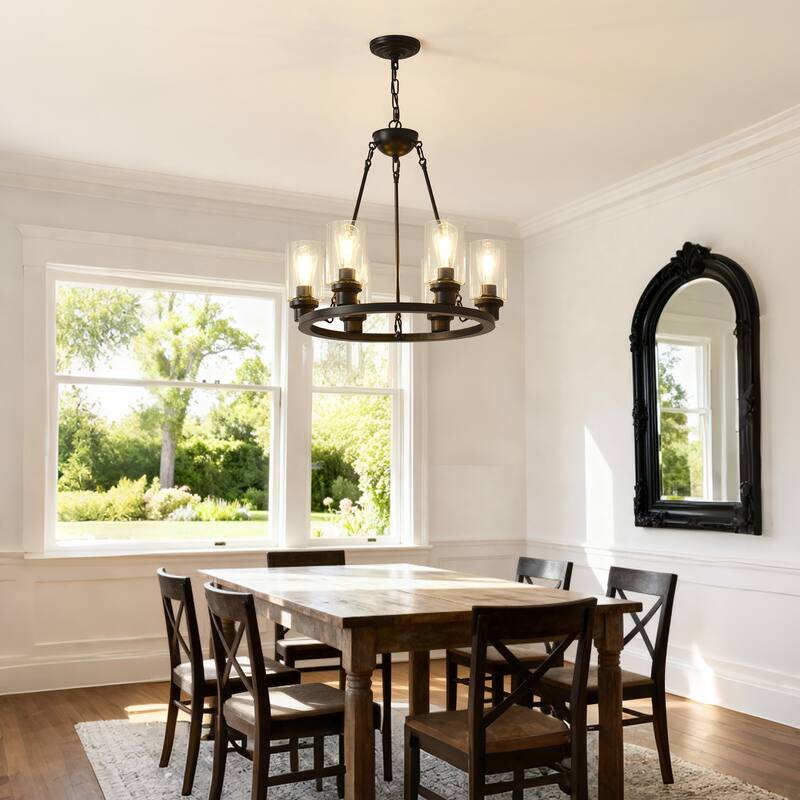 6-Light Black Wagon Wheel Chandelier With Light(No Bulbs) For Bedroom Bathroom--E26 - Brown