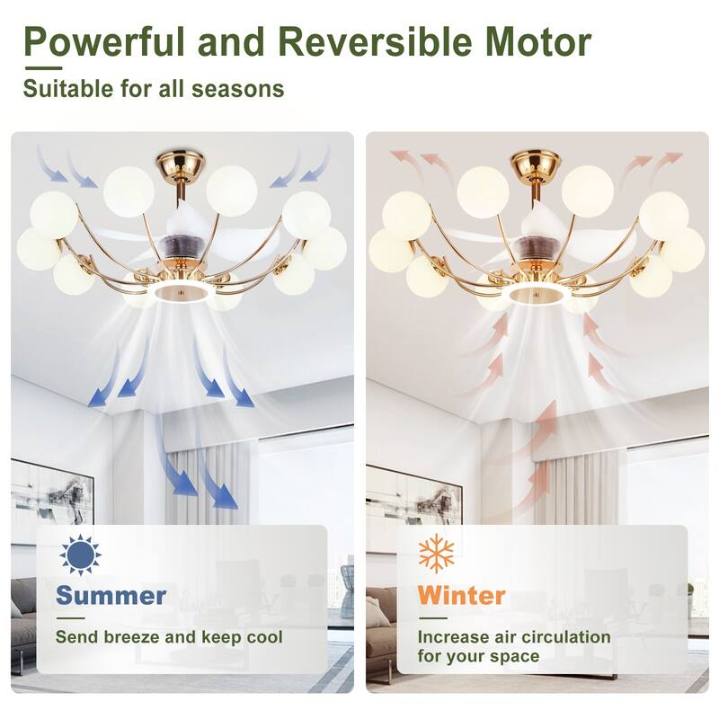 Indoor Black Modern Ceiling Fan with Light, Reversible Fandelier with Bulbs and Remote for Living Room