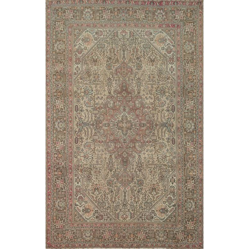 Hand Knotted Oriental 100% Wool Carpet Traditional Floral Beige & Ivories Tabriz Area Rug - 9' 5'' X 6' 5''