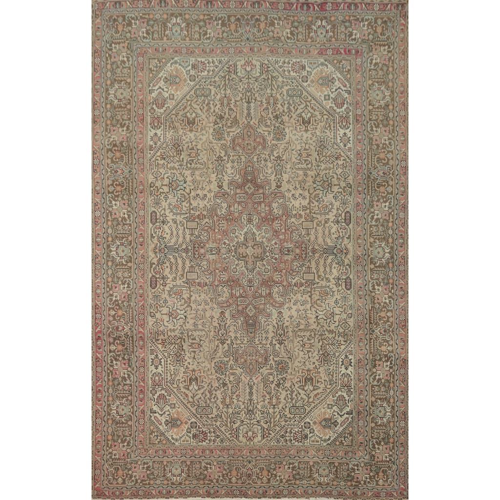 Hand Knotted Oriental 100% Wool Carpet Traditional Floral Beige & Ivories Tabriz Area Rug - 9' 5'' X 6' 5''