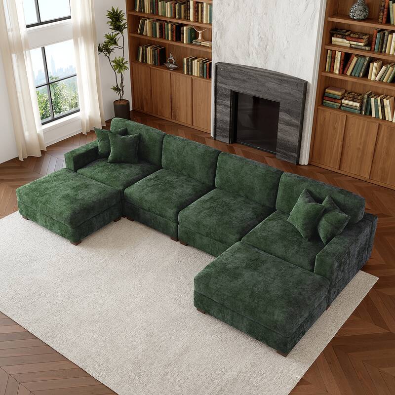 Oversized Chenille Modular Sectional Sofa Conversation Set with 2 Ottomans - Green/6 Piece