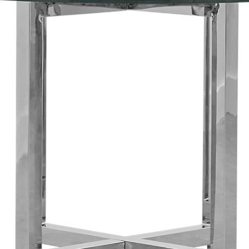 Eun 48 Inch Round Dining Table with Clear Glass Top, Cross Base, Chrome