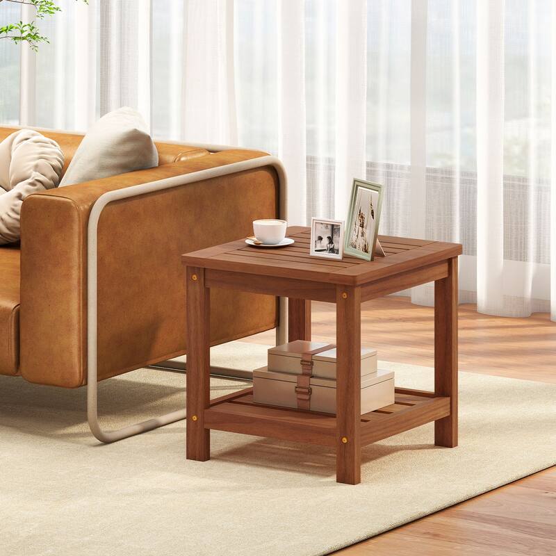 Solid Wood 2-Tier Outdoor Side Table Natural Finish with Slatted Shelves for Patio or Balcony - 18" x 18" x 17.5"