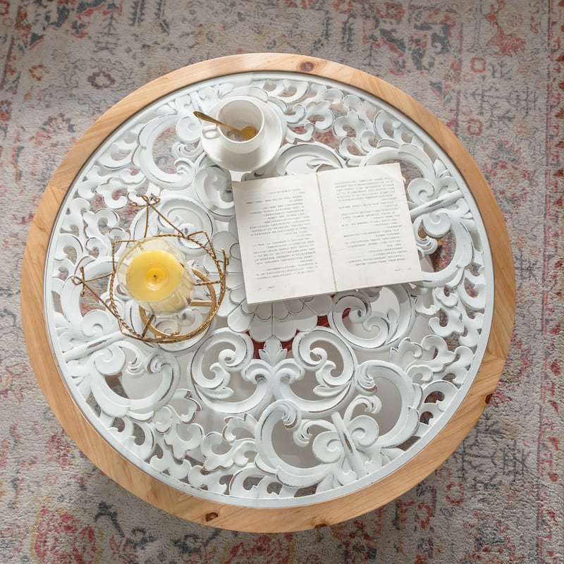 GDFStudio - Farmhouse Round Coffee Table with Tempered Glass Top and 2-Tier Open Storage
