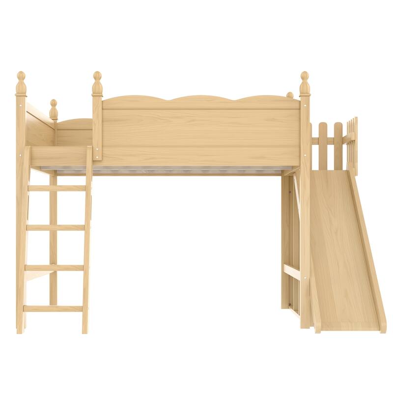 Queen Loft Bed with Storage Shelves and Cabinet, Solid Wood Loft Beds with Detachable Slide and Ladders, No Spring Box Needed