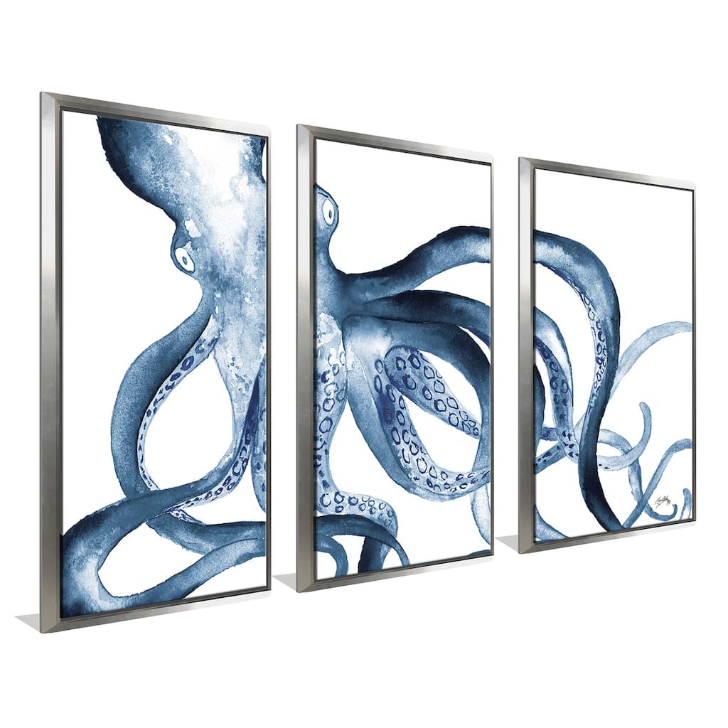 "Octopus in the Blues" Print in Floating Canvas, Set of 3 - Blue