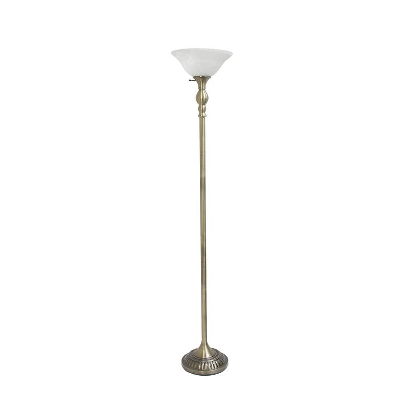 LF2001-ABS 1 Light Torchiere Marbleized White Glass Shade Floor Lamp, Antique Brass - White