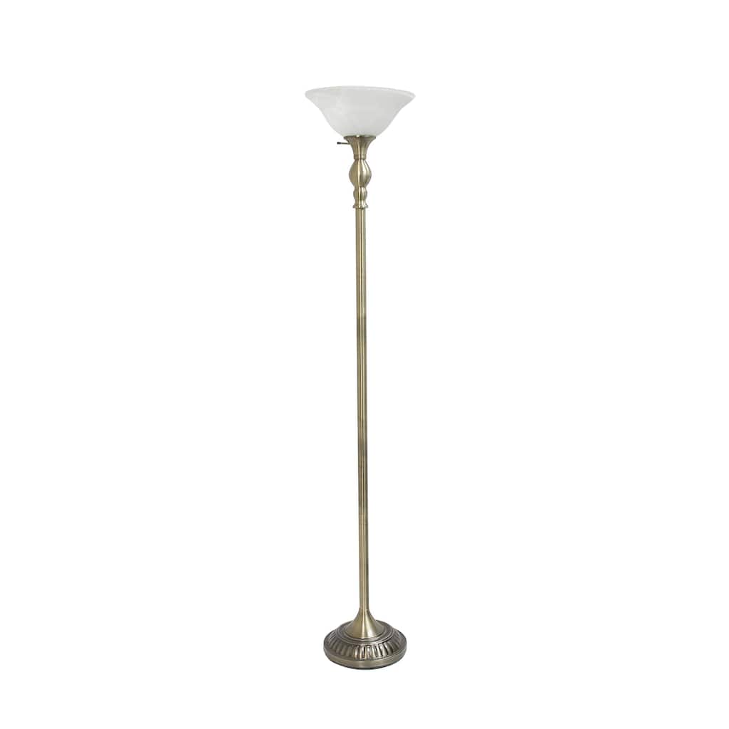 LF2001-ABS 1 Light Torchiere Marbleized White Glass Shade Floor Lamp, Antique Brass