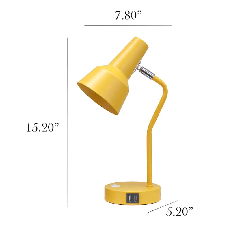 Modern Metal Gooseneck Desk Lamp with Dual USB Charging Ports Adjustable Arm Multiple Colors - 7.8" (L) x 5.2" (W) x 15.2" (H)