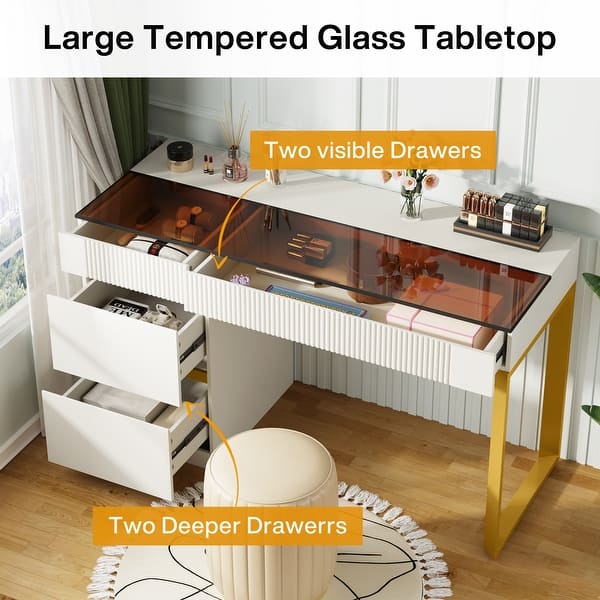 Modern Makeup Vanity Desk, 4 Drawers Dresser with Glass Top for Bedroom, White/Gold Modern Makeup Vanity Desk, 4 Drawers Dresser with Glass Top for Bedroom, White/Gold