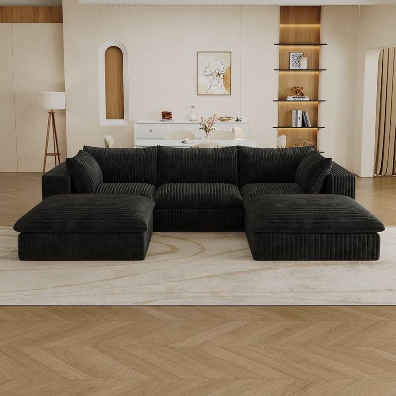 Modular Deep Seat Couch U-shaped Sectional Sofa with Chaise Lounge Corduroy Upholstered Sleeper Sofa Bed with Ottomans