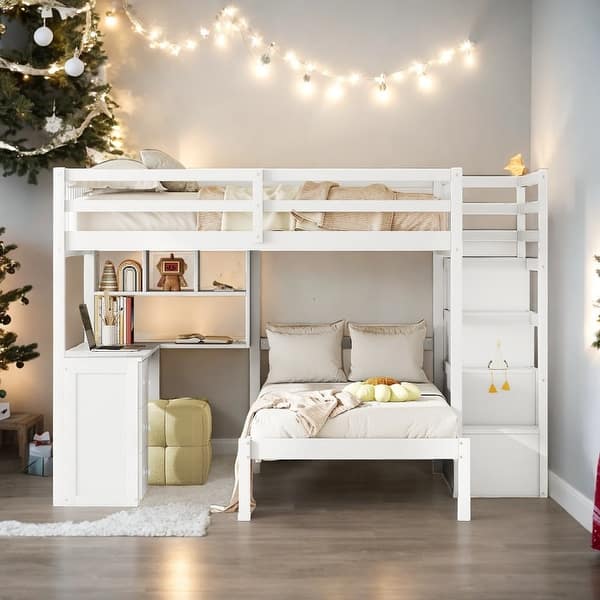 slide 2 of 16, Full Over Twin Bunk Bed with Desk, Drawers and Shelves Storage-Savvy Design Staircase