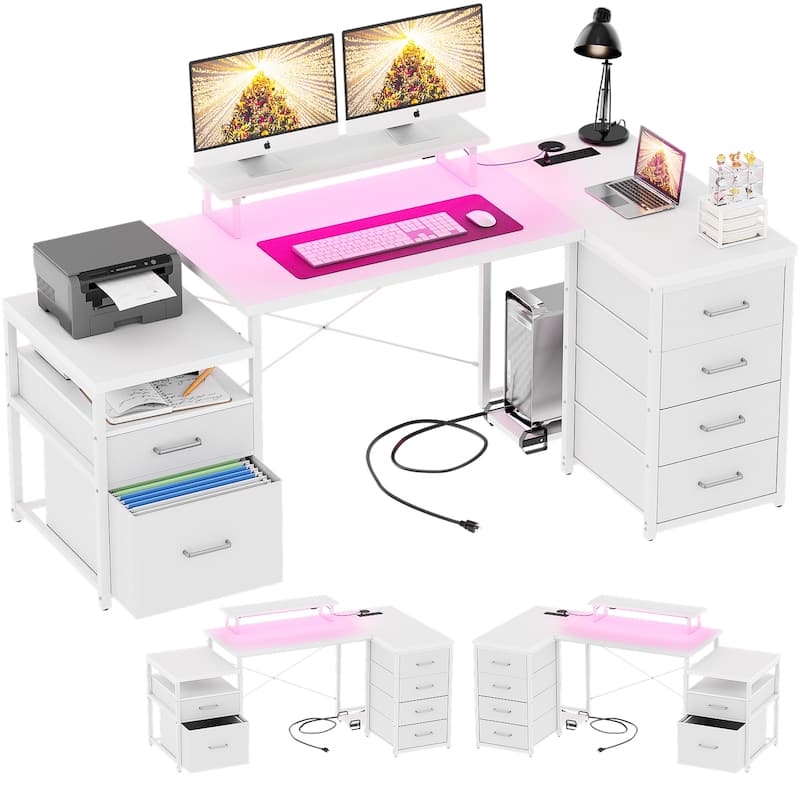 Modern Farmhouse 71'' L Shaped Desk with File Drawers, Reversible Computer Desk with Power Outlets and Smart LED Lights - White