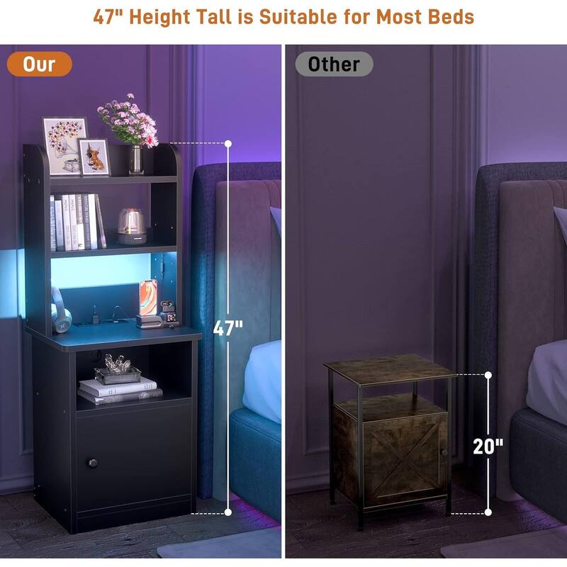 47" Nightstand with Charging Station and LED Lights,Industrial Bedside End Side Table with Adjustable Bookshelf Storage Cabinet