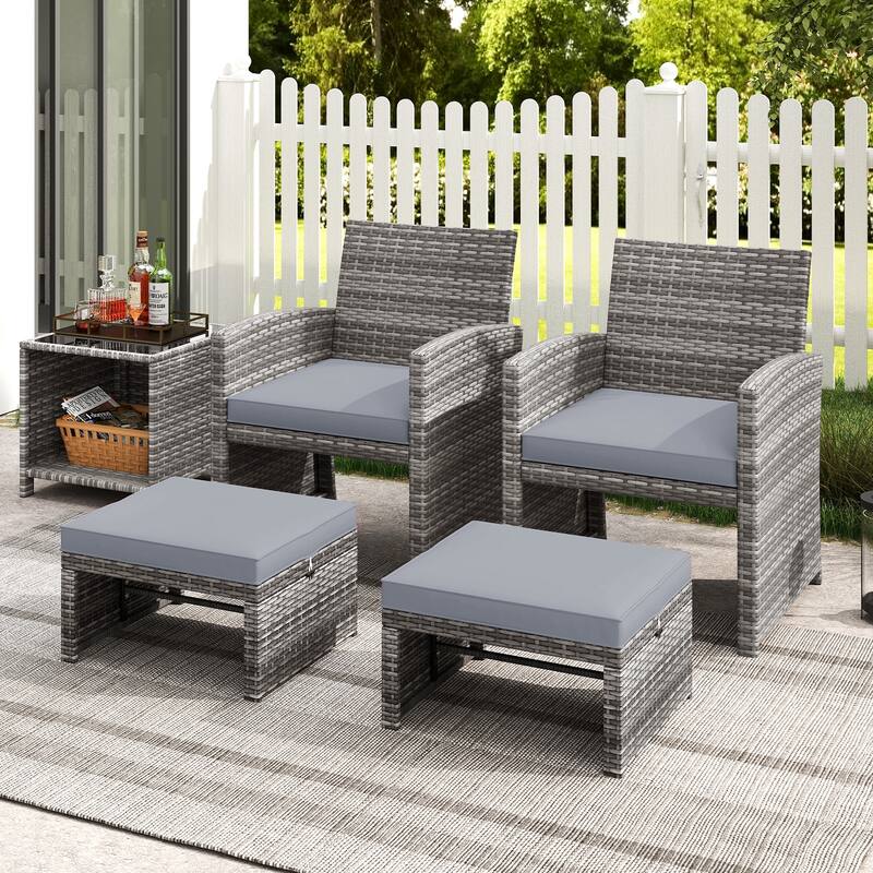 Gymax 2 Pieces Patio PE Rattan Ottomans with Soft Zippered Cushions