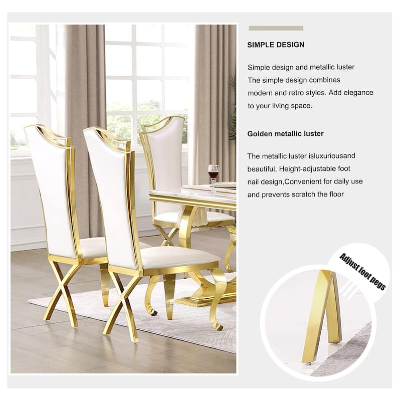 White Tufted Dining Chairs with PU Leather Upholstered and Polished Gold Legs