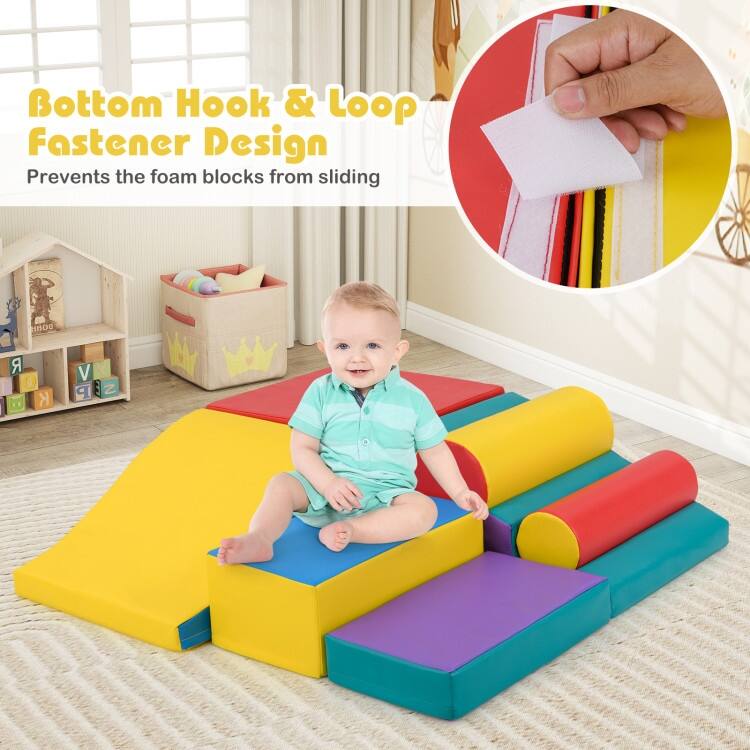 Red PU Leather EPE Foam 7-Piece Kids Climbing Blocks Set with Slide and Wave Shape - 19.5" x 17.5" x 10" (L x W x H)