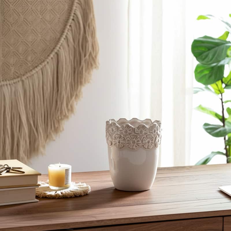 Ceramic Decorative Storage Container Ornate Embossed Floral Rim - 3.25" x 3.25" x 4.25" - Ivory