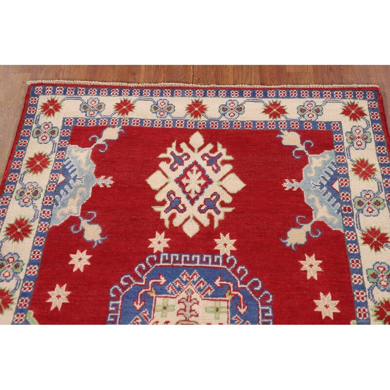 Red Kazak Rug Handmade Geometric Wool Carpet - 3'5"x 5'1"