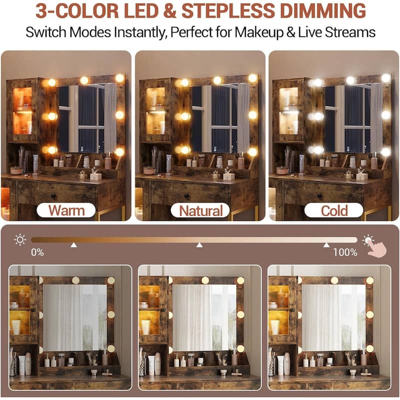 Vanity Desk, Makeup Dressing Table with LED Lights, Mirror, Built-in Outlets & USB Ports