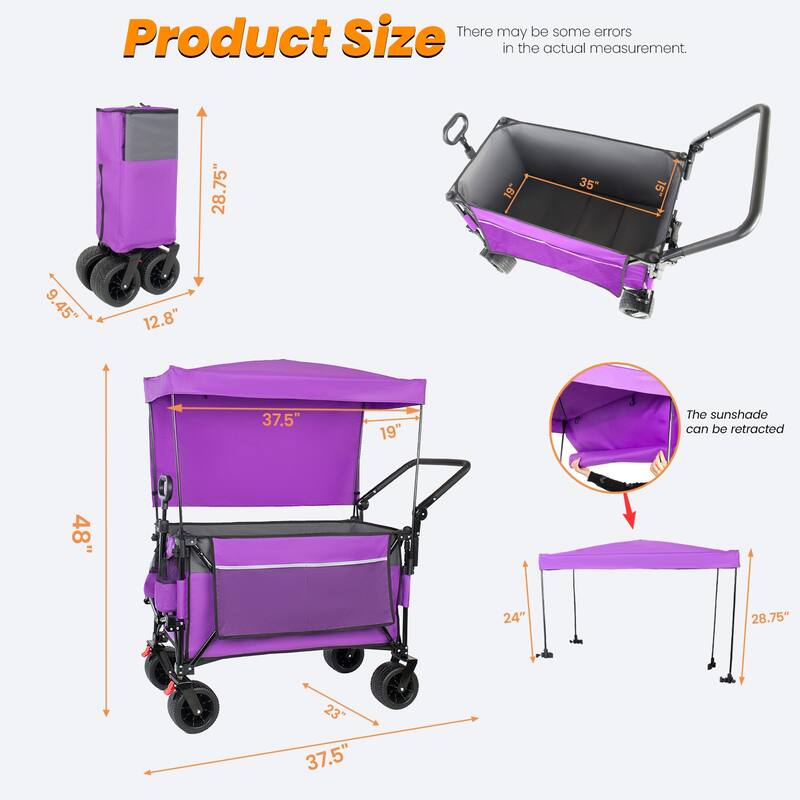 Multi-Functional Push-Pull Folding Wagon Cart with Rotating Handle & Canopy,7"x4"All-Terrain Wheels & Brakes,300L Large Capacity