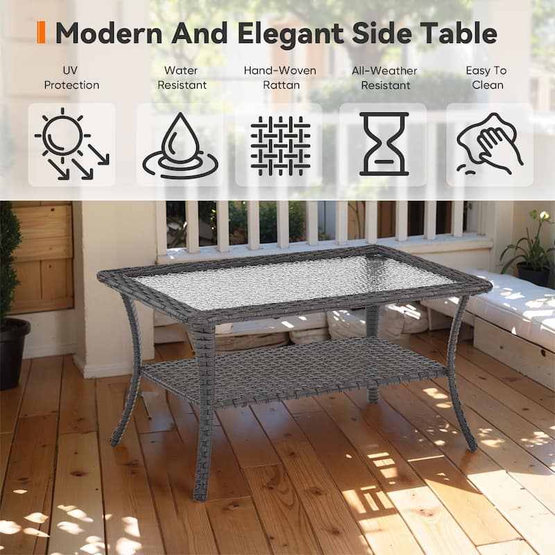 Outdoor Coffee Table with Tempered Glass Top -Brown