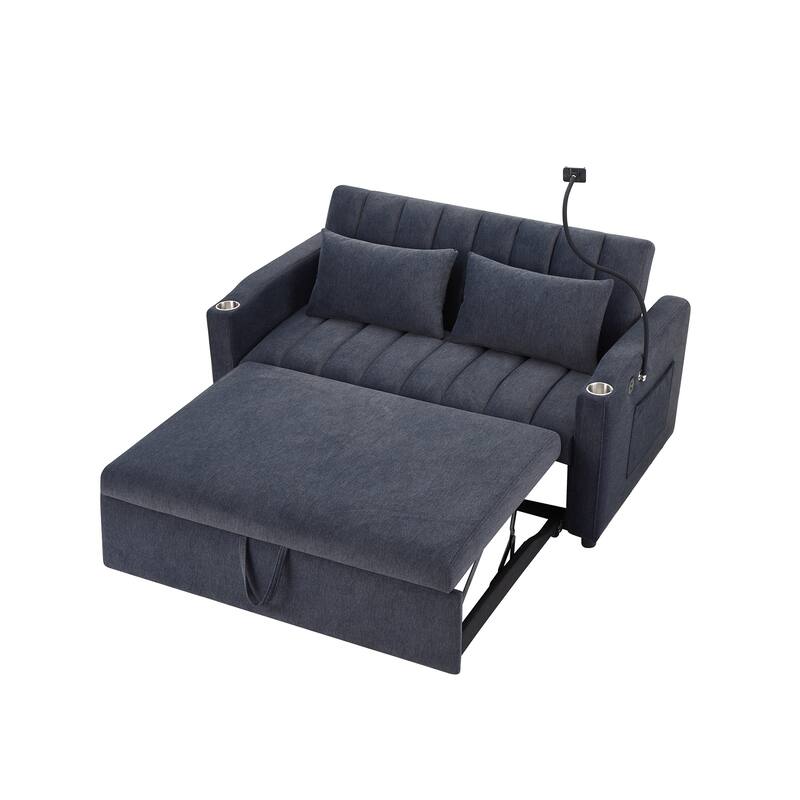 55.9" Convertible Sofa Bed Loveseat Sofa with Three USB Ports, Two Side Pockets, Two Cup Holders and 360°Swivel Phone Holder