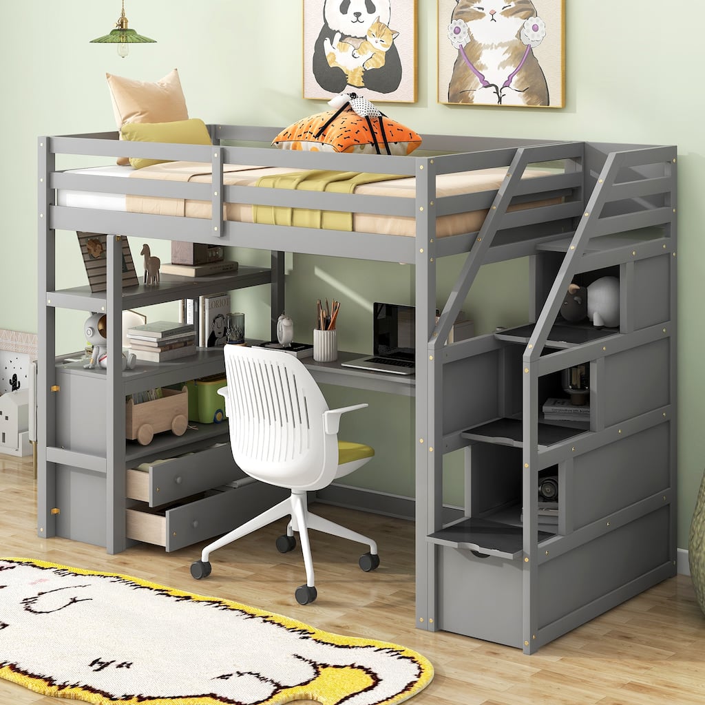 Twin Loft Bed with Desk, Shelves, Drawers, and Storage Staircase in Gray