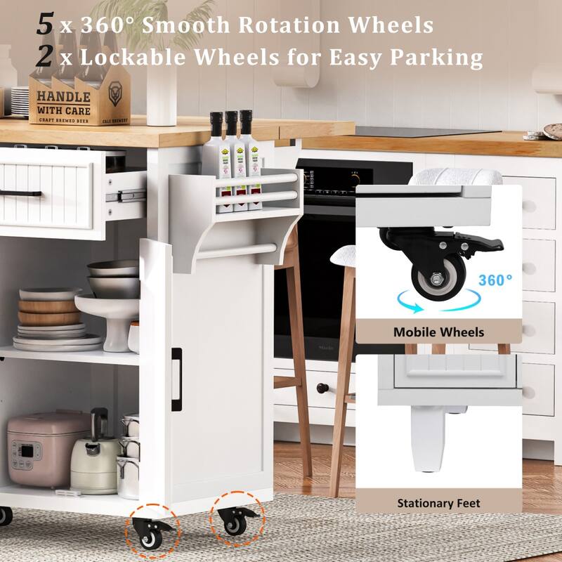56.5'' Kitchen Island with Drop Leaf, Power Outlet, Embossed Vertical Stripe and Adjustable Shelves