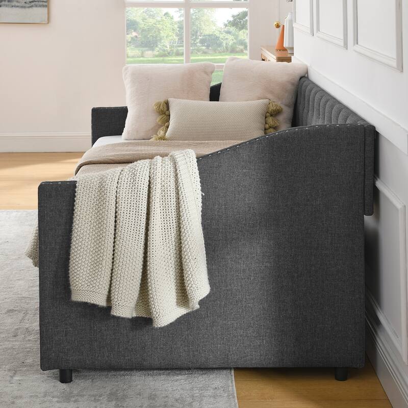 Roomfitters Twin/Full/Queen Upholstered Daybed with Tufted Backrest, Nailhead Trim and Underbed Storage Trundle
